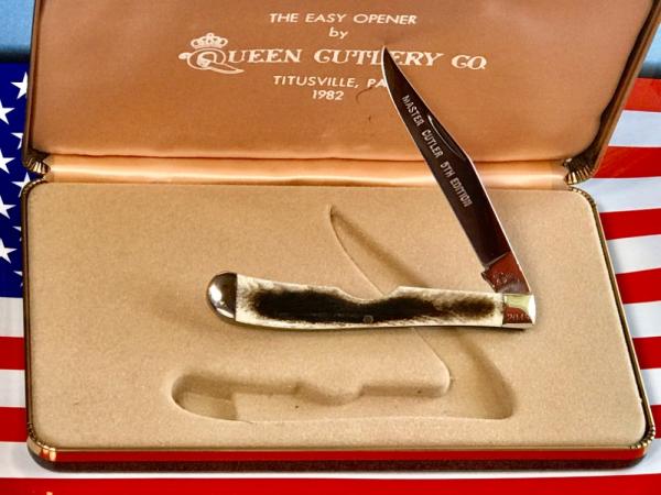 Queen Master Cutler 5th Edition, 1982 Single Blade Slim Farmers Trapper w/ Beautiful Bone Handles Queen Master Cutler 5th Edition, 1982 Single Blade Slim Farmers Trapper w/ Beautiful Bone Handles