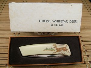 KUTMASTER BY UNTICA N.Y. U.S.A. NEW LOCKBACK POCKET KNIFE SMOOTH BONE SCRIMSHAW RUNNING BUCK DEER 