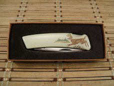 KUTMASTER BY UNTICA N.Y. U.S.A. NEW LOCKBACK POCKET KNIFE SMOOTH BONE SCRIMSHAW RUNNING BUCK DEER 