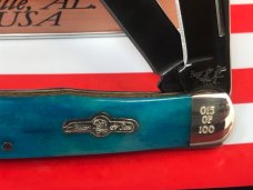 Bear & Son Custom 2 Blade Trapper Knife w/ Smooth Blue Bone Handles & Titanium Blades -NOS Bear & Son Custom 2 Blade Trapper Knife w/ Smooth Blue Bone Handles & Titanium Blades -NOS