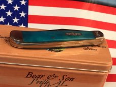 Bear & Son Custom 2 Blade Trapper Knife w/ Smooth Blue Bone Handles & Titanium Blades -NOS Bear & Son Custom 2 Blade Trapper Knife w/ Smooth Blue Bone Handles & Titanium Blades -NOS