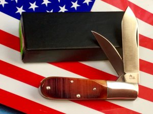 Queen *Dan Burke* Barlow Pocket Knife w Beautiful Multi Color Brown Sawcut Bone Handles -MINT!