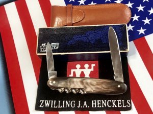 Vintage J A Henckels 2 Blade Gentlemens Knife w/ Horn Handles +Orig Pouch