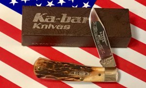 Vintage Ka-Bar Club 1 Blade Folding Lock Back Knife w/ Great Stag Handles & Blade Etch  -NOS & NM