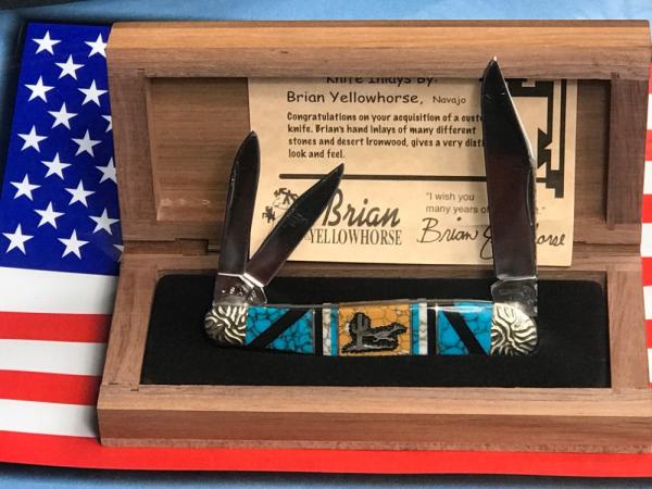 Queen "Brian Yellowhorse" #7 of 10!  Whittler 4" w/ Great Stonework Handles -NOS in Orig Wood Box