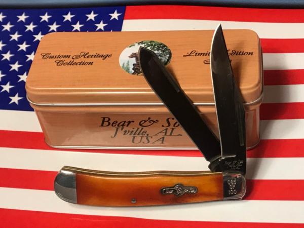 Bear & Son Custom 2 Blade Trapper Knife w/ Smooth Orange Bone Handles & Titanium Blades -NOS Bear & Son Custom 2 Blade Trapper Knife w/ Smooth Orange Bone Handles & Titanium Blades -NOS