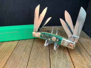 Hen and Rooster Bertram Cutlery Solingen Germany 6 Blade Congress Jade Green Bone