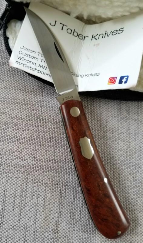 J Taber Vintage Rag Micarta Sway Back Knife,3 5/8" closed ,Cpm-154, zippered pouch & makers card J Taber Vintage Rag Micarta Sway Back Knife,3 5/8" closed ,Cpm-154, zippered pouch & makers card