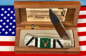 Brian Yellowhorse On Queen Mountain Man Knife w/ White & Green Stone Handles w/ Big Buck Inlay -NOS