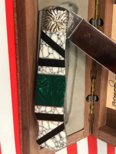 Brian Yellowhorse On Queen Mountain Man Knife w/ White & Green Stone Handles w/ Big Buck Inlay -NOS Brian Yellowhorse On Queen Mountain Man Knife w/ White & Green Stone Handles w/ Big Buck Inlay -NOS