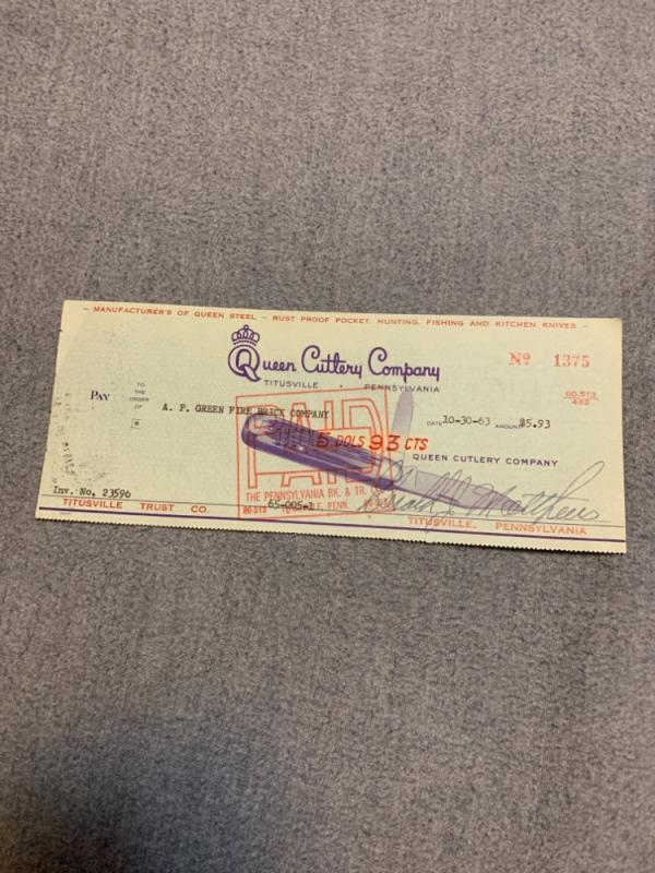 Queen Cutlery Check from 1963 Queen Cutlery Check from 1963