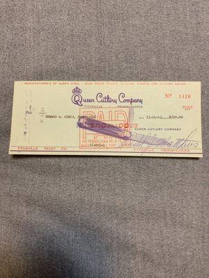 Queen Cutlery Company Check 1963