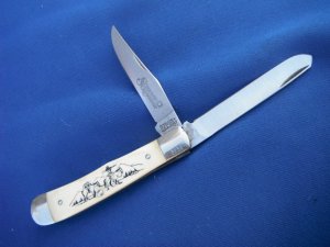 SCHRADE+ USA 296Y Numbered SCRIMSHAW THE TRAPPER POCKET KNIFE   Serial# 3231 