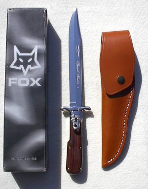 NOS FOX EXOTIC COCOBOLO WOOD ( PIG STICKER ) MANIAGO ITALY LEVER LOCK WITH BOX / LEATHER SHEATH