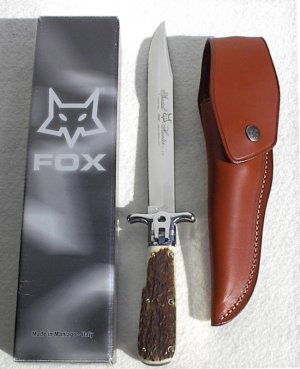 NOS FOX GENUINE STAG ( PIG STICKER ) MANIAGO ITALY FOLDING HUNTER LEVER LOCK BOX / LEATHER SHEATH 