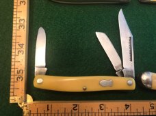 Three Schrade Walden / Schrade NY Schrade USA Knives + 1 - Yellow Handles Birdseye Pins Three Schrade Walden / Schrade NY Schrade USA Knives + 1 - Yellow Handles Birdseye Pins