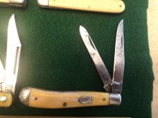 Three Schrade Walden / Schrade NY Schrade USA Knives + 1 - Yellow Handles Birdseye Pins Three Schrade Walden / Schrade NY Schrade USA Knives + 1 - Yellow Handles Birdseye Pins