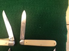 Three Schrade Walden / Schrade NY Schrade USA Knives + 1 - Yellow Handles Birdseye Pins Three Schrade Walden / Schrade NY Schrade USA Knives + 1 - Yellow Handles Birdseye Pins