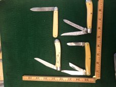 Three Schrade Walden / Schrade NY Schrade USA Knives + 1 - Yellow Handles Birdseye Pins Three Schrade Walden / Schrade NY Schrade USA Knives + 1 - Yellow Handles Birdseye Pins
