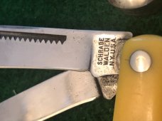 Three Schrade Walden / Schrade NY Schrade USA Knives + 1 - Yellow Handles Birdseye Pins Three Schrade Walden / Schrade NY Schrade USA Knives + 1 - Yellow Handles Birdseye Pins