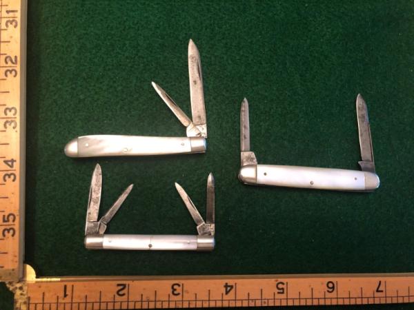Three Pearl / Faux Pearl knives from Hard to find makers: Paxton & Ghallagher, Thomaston, H&B Three Pearl / Faux Pearl knives from Hard to find makers: Paxton & Ghallagher, Thomaston, H&B