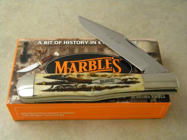 Marbles M.S.A. Co. 02 Gladstone, Mich USA Stag Bone Large Coke Bottle Knife in Box c.2002