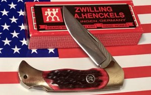 Vintage J A Henckels 4" Folding Lock Back Hunting/Hunter Knife with Red Pick Bone Handles - NOS