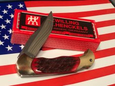 Vintage J A Henckels 4" Folding Lock Back Hunting/Hunter Knife with Red Pick Bone Handles - NOS Vintage J A Henckels 4" Folding Lock Back Hunting/Hunter Knife with Red Pick Bone Handles - NOS