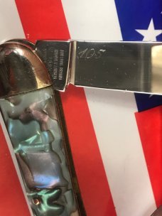 1995 Bulldog Brand Old Dominion Whittler w/ Faux Abalone Shell Handles & Frost Blade Etch -1 of 180 1995 Bulldog Brand Old Dominion Whittler w/ Faux Abalone Shell Handles & Frost Blade Etch -1 of 180