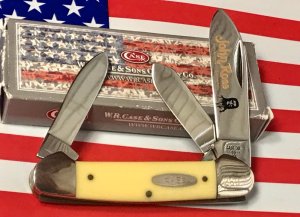 Case XX 1984 3 Blade Canoe w/ John Ross Blade Etching & Derlin Yellow Handles -NOS & NM