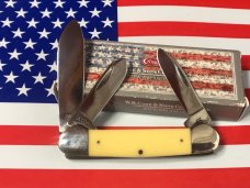Case XX 1984 3 Blade Canoe w/ John Ross Blade Etching & Derlin Yellow Handles -NOS & NM Case XX 1984 3 Blade Canoe w/ John Ross Blade Etching & Derlin Yellow Handles -NOS & NM