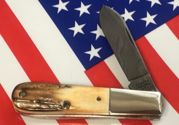 Vintage Parker USA Single Damascus Blade Barlow w/ Nice Stag Handles -Serialized & Low Production Vintage Parker USA Single Damascus Blade Barlow w/ Nice Stag Handles -Serialized & Low Production