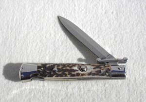 NEW OLD STOCK AUTO ITALIAN STILETTO 9" GENUINE STAG SWING GUARD LOCK BACK