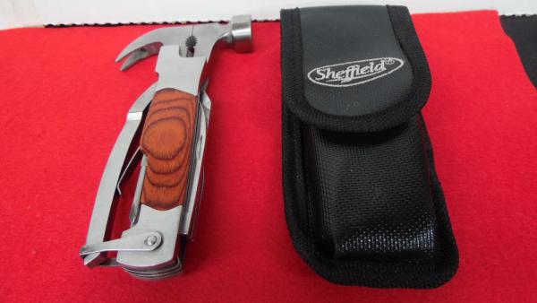 SHEFFIELD STAINLESS AND WOOD HAMMER MULTI-TOOL IN SHEATH UNUSED 11 USEFUL TOOLS FOR CAMPING OR HOME SHEFFIELD STAINLESS AND WOOD HAMMER MULTI-TOOL IN SHEATH UNUSED 11 USEFUL TOOLS FOR CAMPING OR HOME