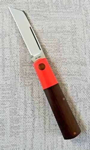 Pepe Jalomo Custom Wharncliffe  Barlow Knife,W/SLIP,Micarta ,Red Corian & Copper, 3.875",Cpm-154 
