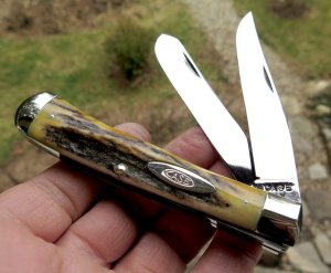 Case XX era 1940-64 unused stag handle Trapper knife 5254. Original mirror blades that snap. NM