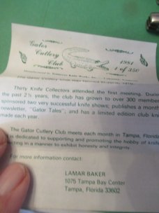 Colonel Coon Texas Toothpick # 95 For the Fla. Gator Club 