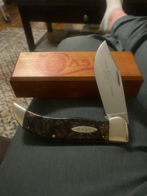 Case Tested XX 1992 Tested XX 71072 Swamp Moss Celluloid Bulldog Clasp In Wooden Box With Red Letter