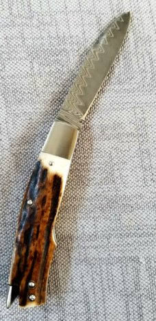 DrT custom Taillock in stag and damacore, 3 7/8" closed with full stag slads, Damascus for button DrT custom Taillock in stag and damacore, 3 7/8" closed with full stag slads, Damascus for button