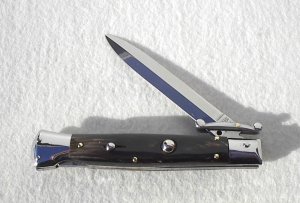 NEW OLD STOCK ITALIAN STILETTO 9" GENUINE BRAZILIAN HORN SWING GUARD LOCK BACK KNIFE