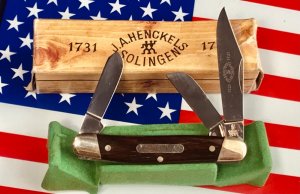 J A Henckels 3 Blade Stockman w/ Wood Handles +blade etching- +Rare Orig Box & Knife Display
