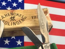 J A Henckels 3 Blade Stockman w/ Wood Handles +blade etching- +Rare Orig Box & Knife Display J A Henckels 3 Blade Stockman w/ Wood Handles +blade etching- +Rare Orig Box & Knife Display