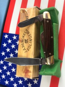 J A Henckels 3 Blade Stockman w/ Wood Handles +blade etching- +Rare Orig Box & Knife Display J A Henckels 3 Blade Stockman w/ Wood Handles +blade etching- +Rare Orig Box & Knife Display