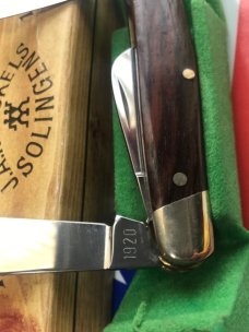 J A Henckels 3 Blade Stockman w/ Wood Handles +blade etching- +Rare Orig Box & Knife Display J A Henckels 3 Blade Stockman w/ Wood Handles +blade etching- +Rare Orig Box & Knife Display