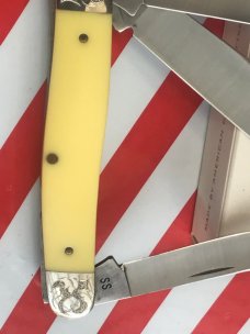 1989 Case xx Stockman Knife w/ Yellow Derlin Handles -Fancy Bolsters -Gold Mint Set -Mdl# 3347 1989 Case xx Stockman Knife w/ Yellow Derlin Handles -Fancy Bolsters -Gold Mint Set -Mdl# 3347