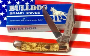 Bulldog Brand 2 Blade Copperhead Knife w/ Gold Dust Handles +Heart Shield & Rabbit Hound Blade Etch