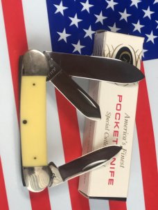 Case XX 1984 3 Blade Canoe w/ John Ross Blade Etching & Derlin Yellow Handles -NOS Case XX 1984 3 Blade Canoe w/ John Ross Blade Etching & Derlin Yellow Handles -NOS