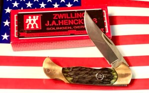 Vintage J A Henckels 4" Folding Lock Back Hunting/Hunter Knife with Green Pick Bone Handles - NOS