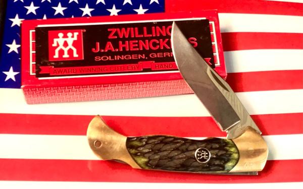 Vintage J A Henckels 4" Folding Lock Back Hunting/Hunter Knife with Green Pick Bone Handles - NOS Vintage J A Henckels 4" Folding Lock Back Hunting/Hunter Knife with Green Pick Bone Handles - NOS