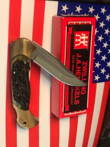 Vintage J A Henckels 4" Folding Lock Back Hunting/Hunter Knife with Green Pick Bone Handles - NOS Vintage J A Henckels 4" Folding Lock Back Hunting/Hunter Knife with Green Pick Bone Handles - NOS